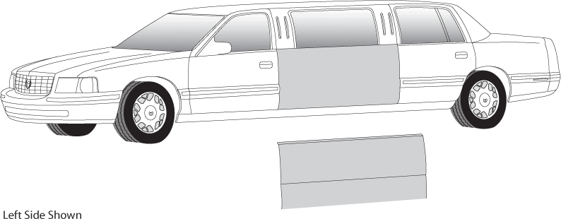 White stretch limousine with an extended door panel shown separately.