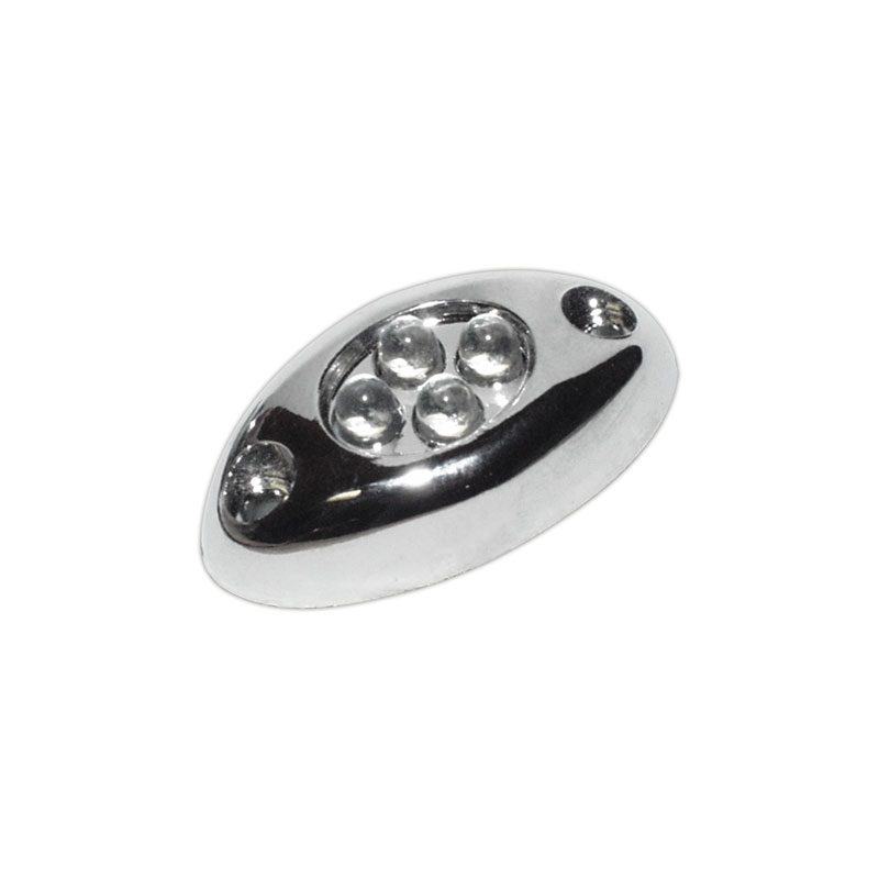 A shiny oval LED light with five bulbs and two screw holes.