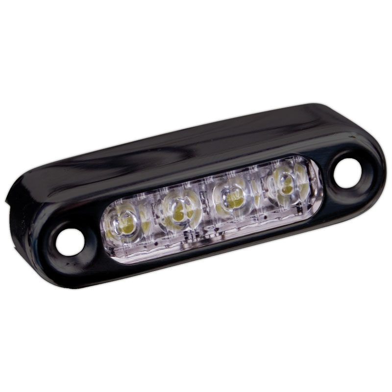 Black rectangular LED light with four bulbs and mounting holes.