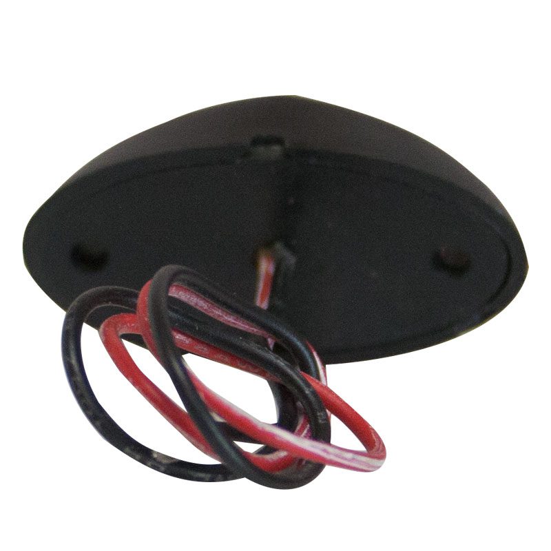 Black oval ceiling mount with attached red and black wires.