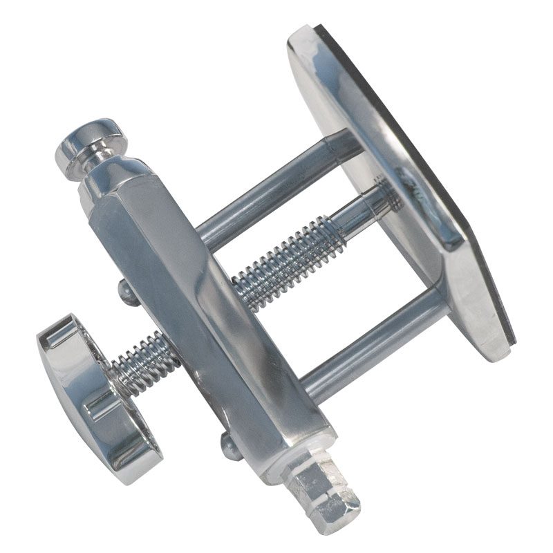 Metal clamp tool with screw mechanism for holding objects.