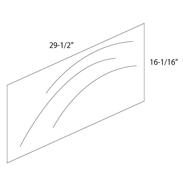 Technical drawing of a curved panel with precise measurements.