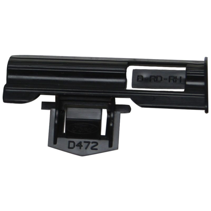 Black plastic component with a clip, labeled D472.