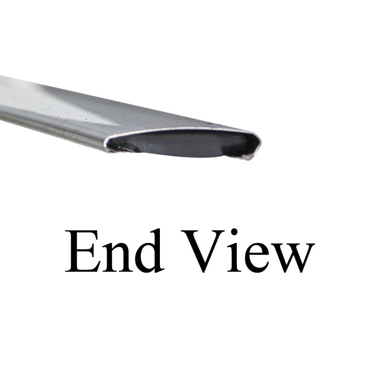 End view of a sleek, metallic object with a slightly curved surface.