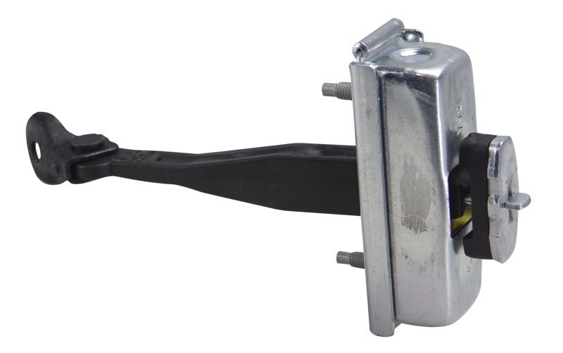 Metal and rubber door check strap for vehicles.