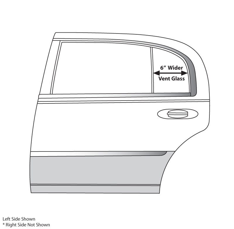 Diagram of a car door with a 6-inch wider vent glass on the left side.