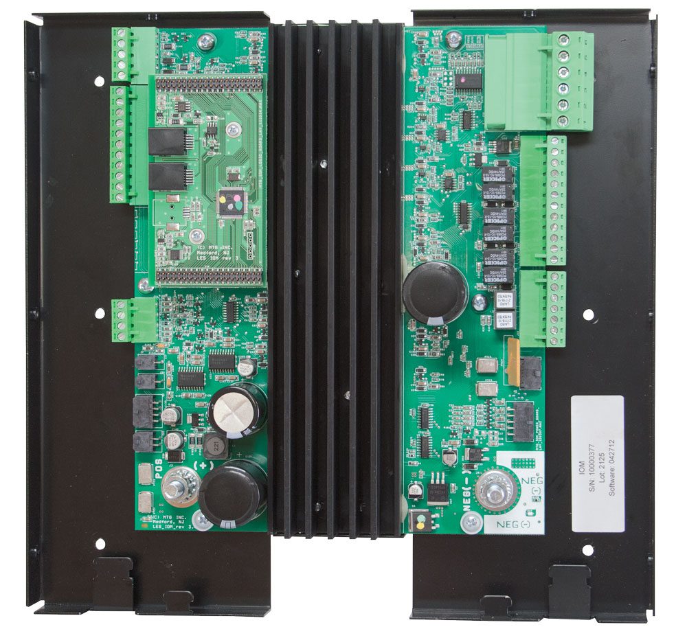 Electronic circuit board with heat sink and connectors.