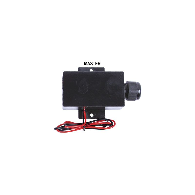Small black electronic solenoid valve with red and black wires.