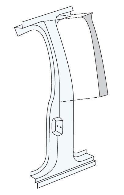 Technical drawing of a curved structural component with mounting points.