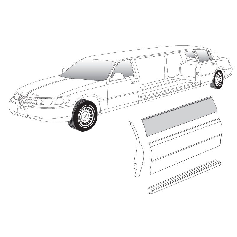 Illustration of a white limousine with separate door parts shown.