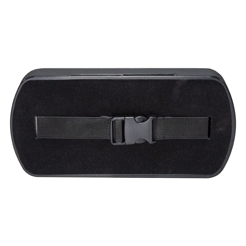 Black strap with buckle on a rectangular pad.