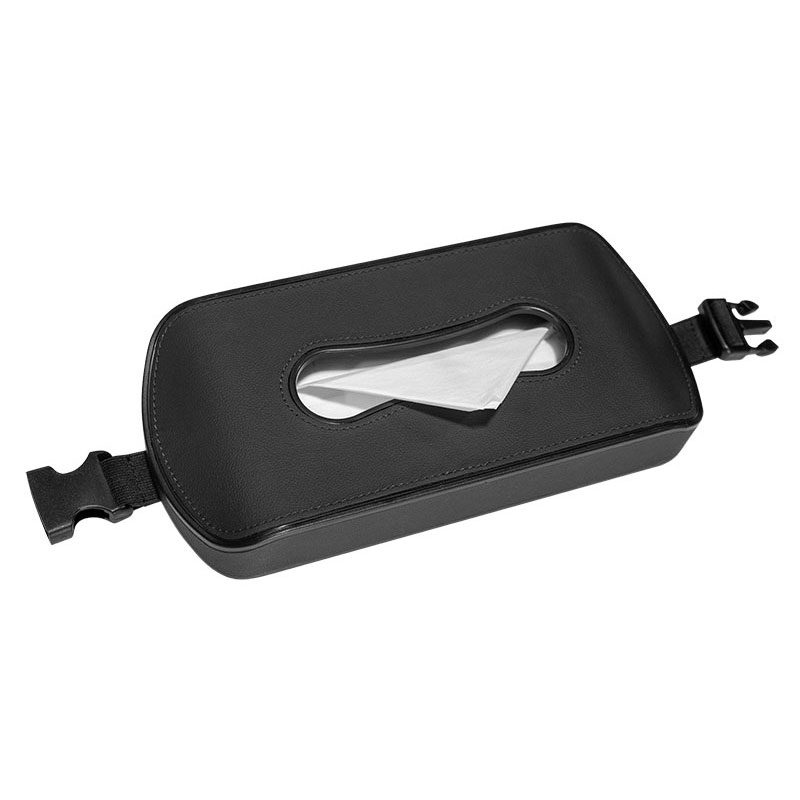 Black tissue holder with adjustable straps for attachment.