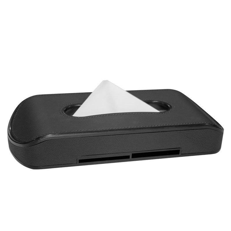 Black tissue box holder with a tissue sticking out.