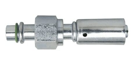 Metal hydraulic quick connect fitting on white.