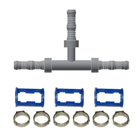 T-shaped pipe connector with clamps.